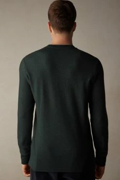 Coupon 🌟 Intimissimi Men Long Sleeve Henley Top In Warm Cotton Midnight Green 🧨