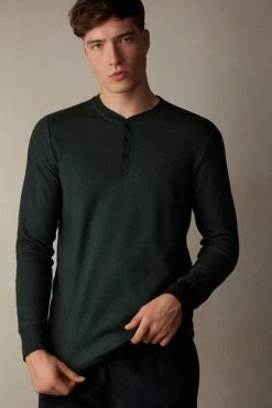 Coupon 🌟 Intimissimi Men Long Sleeve Henley Top In Warm Cotton Midnight Green 🧨 -Deals Pajamas Store CLU216038J M