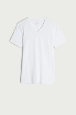 Hot Sale 😀 Intimissimi Men V-neck T-shirt In Stretch Supima® Cotton White 🔔 -Deals Pajamas Store CMU12B 001 F