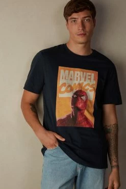 Outlet 🎁 Intimissimi Men Spider-Man Print T-Shirt Midnight Blue 😀 -Deals Pajamas Store CMU248800 M