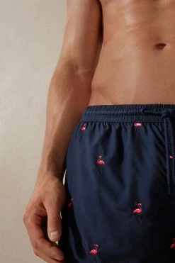 New ⌛ Intimissimi Men Embroidered Flamingo Swim Trunks Intense Blue With Flamingos 🛒