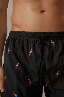 New 🔥 Intimissimi Men Embroidered Parrot Swim Trunks Black Parrot Print 💯 -Deals Pajamas Store MB0127937I M