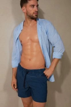 Wholesale 🎁 Intimissimi Men Washed Striped Swim Trunks Stone Washed Blue Stripes 😉 -Deals Pajamas Store MB0145953I M