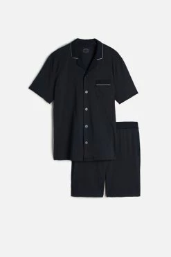 Buy 🛒 Intimissimi Men Supima Cotton Button-Front Cropped Pajamas Midnight Blue 🌟 -Deals Pajamas Store PCU12B800 F