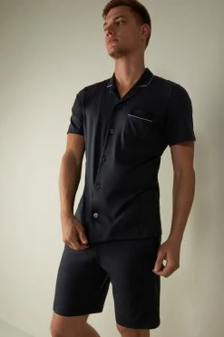 Buy 🛒 Intimissimi Men Supima Cotton Button-Front Cropped Pajamas Midnight Blue 🌟 -Deals Pajamas Store PCU12B800 M