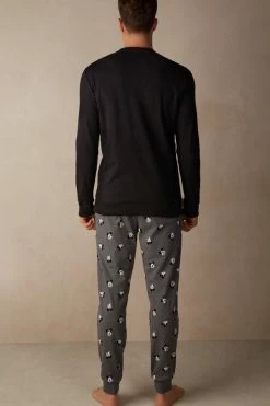 Buy ✔️ Intimissimi Men ©Disney Mickey Face Full Length Pajamas In Cotton Interlock Black ⭐