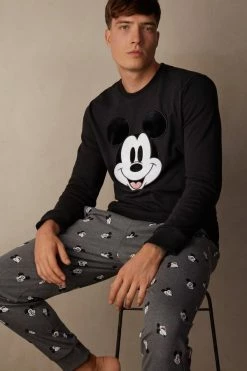 Buy ✔️ Intimissimi Men ©Disney Mickey Face Full Length Pajamas In Cotton Interlock Black ⭐ -Deals Pajamas Store PLU581019 M