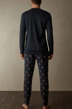 Budget 😉 Intimissimi Men Full Length Nutcracker Pajamas In Interlock Cotton Midnight Blue 🔥