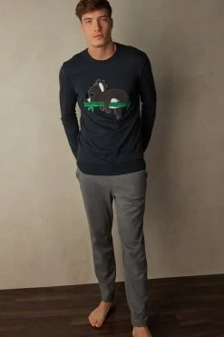 Best deal 😉 Intimissimi Men Koala Cotton Interlock Full Length Pajamas Midnight Blue 🤩 -Deals Pajamas Store PLU586800 M