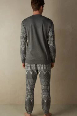Best Pirce 🌟 Intimissimi Men Full Length Norwegian Pattern Pajamas In Tricot Graphite Grey Heather Fair Isle Print 🔥