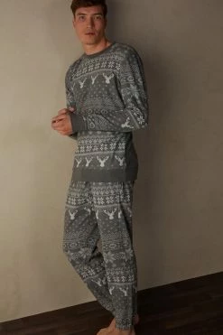 Best Pirce 🌟 Intimissimi Men Full Length Norwegian Pattern Pajamas In Tricot Graphite Grey Heather Fair Isle Print 🔥 -Deals Pajamas Store PLU587103J M