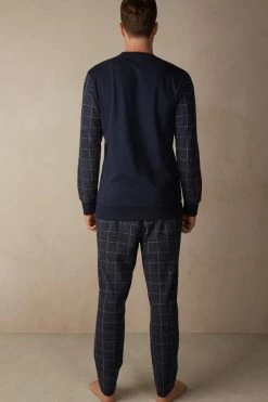 New ✨ Intimissimi Men Avio Blue Check Full Length Pajamas In Cotton Aviation Blue Check Print 😉