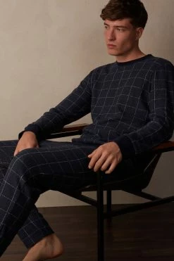New ✨ Intimissimi Men Avio Blue Check Full Length Pajamas In Cotton Aviation Blue Check Print 😉 -Deals Pajamas Store PLU588104J M