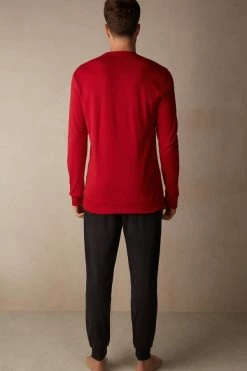 Outlet 🛒 Intimissimi Men ©Disney Mickey’s Back Full Length Pajamas In Cotton Interlock Red 🧨