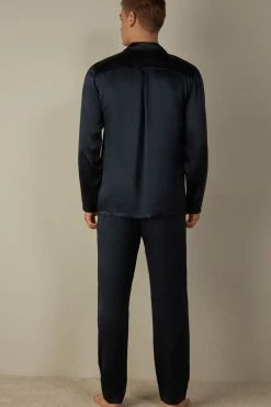 Flash Sale ⭐ Intimissimi Men Long Silk Piped Pajamas Midnight Green 🤩 -Deals Pajamas Store PLU71S800 BI