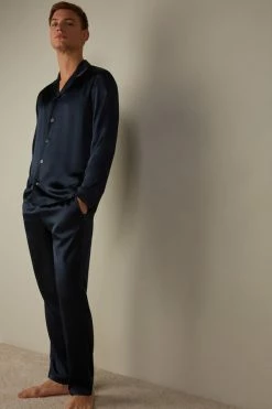 Flash Sale ⭐ Intimissimi Men Long Silk Piped Pajamas Midnight Green 🤩 -Deals Pajamas Store PLU71S800 M