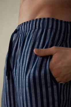 Flash Sale 💯 Intimissimi Men Shorts In Striped Plain Weave Cotton Blue/denim Blue Stripe ⭐