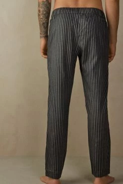 Cheap 🧨 Intimissimi Men Long Gray Herringbone Linen Trousers In Canvas Grey Herringbone Stripe 🌟