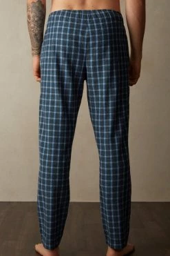 Coupon 🤩 Intimissimi Men Full Length Pants In Check Patterned Brushed Cloth Blue Check 😍