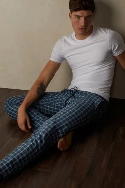 Coupon 🤩 Intimissimi Men Full Length Pants In Check Patterned Brushed Cloth Blue Check 😍 -Deals Pajamas Store PUL391089J M