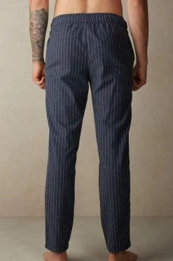 Outlet ✔️ Intimissimi Men Full Length Pants In Denim Pinstripe Patterned Brushed Cloth Denim Blue Heather Pinstripe ❤️