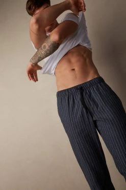 Outlet ✔️ Intimissimi Men Full Length Pants In Denim Pinstripe Patterned Brushed Cloth Denim Blue Heather Pinstripe ❤️ -Deals Pajamas Store PUL393091J M