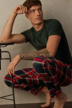 New ⭐ Intimissimi Men Full Length Pants In Red/Green Plaid Brushed Cloth Red/green Tartan Print 🤩 -Deals Pajamas Store PUL398096J M