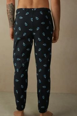 Hot Sale 🌟 Intimissimi Men Full Length Gin Print Pants In Cotton Midnight Blue Gin Print ✔️