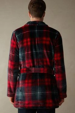 Coupon 🔥 Intimissimi Men Tartan Fleece Robe Red Tartan Print 😍