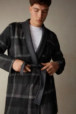 Flash Sale 🥰 Intimissimi Men Plaid Tricot Robe Dark Grey Heather Macro Check 🛒 -Deals Pajamas Store PVU026087J M