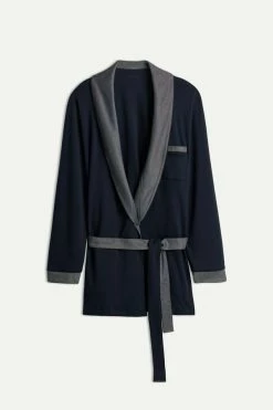 Best Pirce 🌟 Intimissimi Men Interlock Cotton Smoking Jacket Midnight Blue 🎉 -Deals Pajamas Store PVU27A 800 F