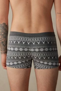 New ❤️ Intimissimi Men Norwegian Pattern Boxers In Stretch Supima® Cotton Graphite Grey Heather Fair Isle Print 😀