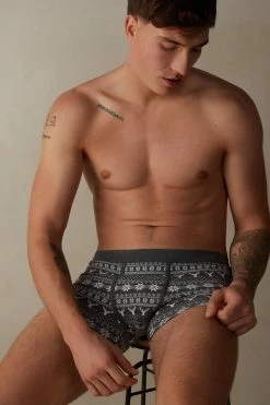 New ❤️ Intimissimi Men Norwegian Pattern Boxers In Stretch Supima® Cotton Graphite Grey Heather Fair Isle Print 😀 -Deals Pajamas Store SBU414103J M