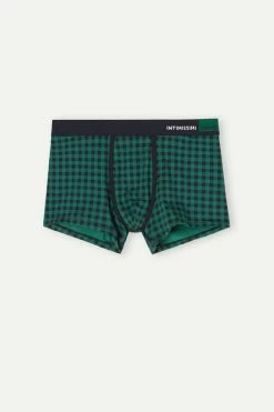 Discount 😀 Intimissimi Men Gingham Boxers In Stretch Supima® Cotton Midnight Blue/green Gingham Print 😀