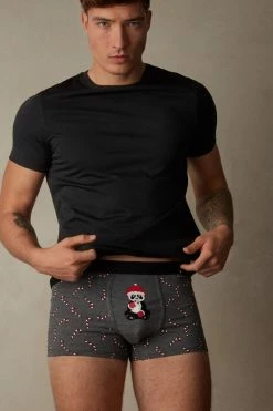 Flash Sale 👍 Intimissimi Men 🍬 Candy Cane Boxers In Stretch Supima® Cotton Graphite Grey Heather 🍬 Candy Cane Print 😉 -Deals Pajamas Store SBU417110J M